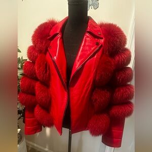 RARE Red Leather Biker Jacket w/ Real Fox Fur Sleeves & Back